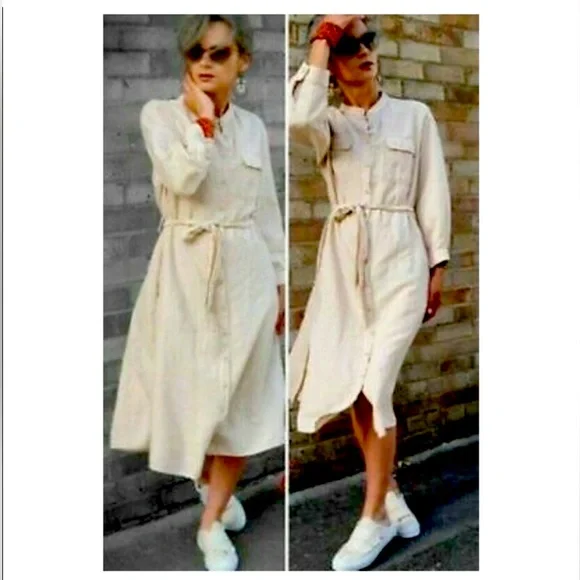 NWT ZARA linen button down midi shirt dress. Size L - Picture 5 of 10